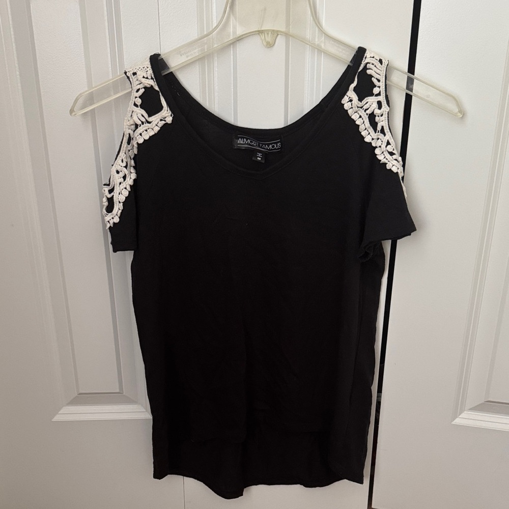 Max Studio Black Cold Shoulder Top with White Lace